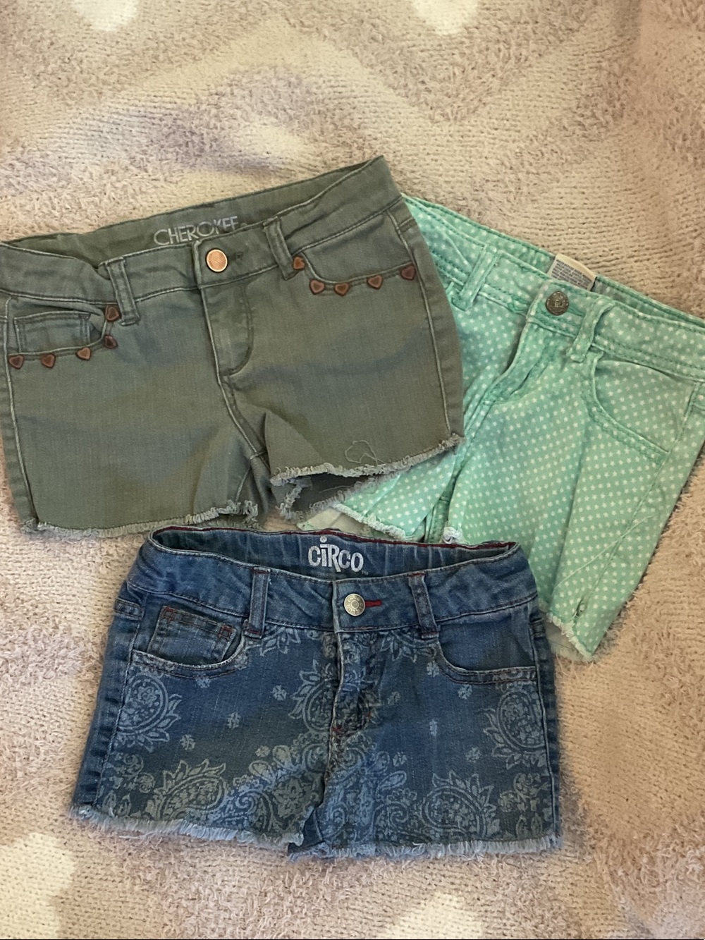 Lot oF 3 Girls Denim Shorts Size M Olive green, Mint Polka,Denim Paisley Print